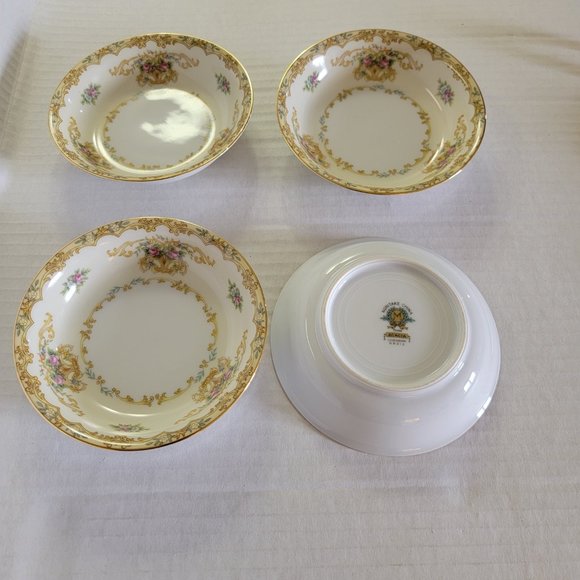 4 Noritake China Japan ACACIA Small Fruit Desert Bowls Golden Floral Pink Roses - Picture 1 of 7